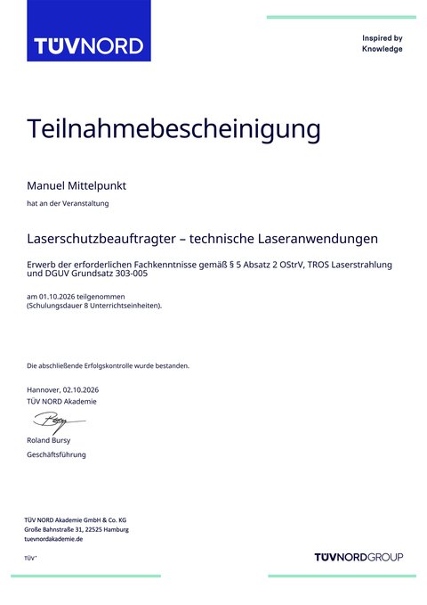 TÜV NORD Teilnahmebescheinigung &ndash; Laserschutzbeauftragter, Manuel Mittelpunkt