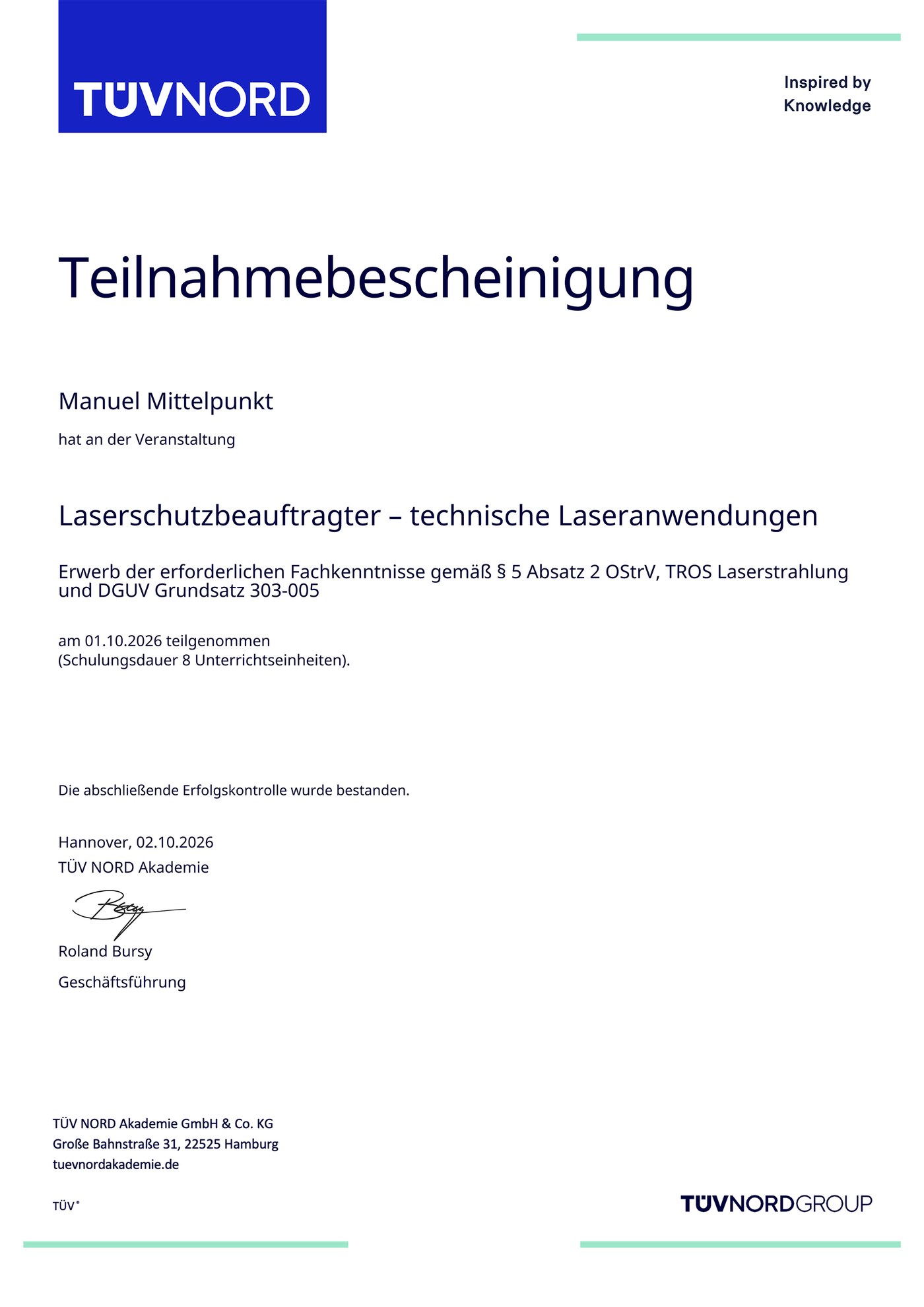 TÜV NORD Teilnahmebescheinigung &ndash; Laserschutzbeauftragter, Manuel Mittelpunkt